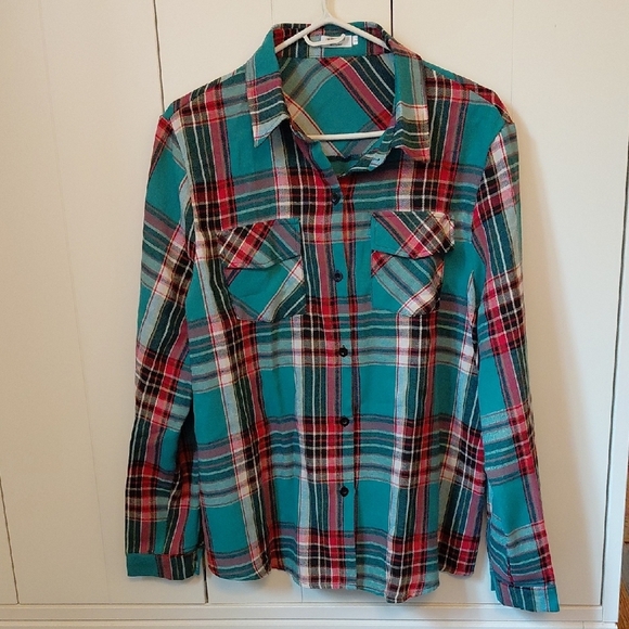 Plaid Button Down Shirt - Teal and Red - Picture 1 of 7